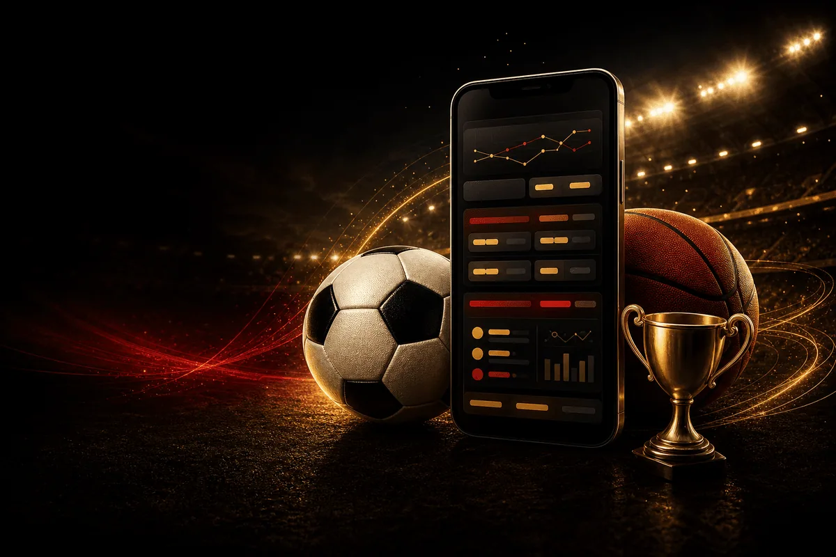 Teléfono con panel deportivo, balón de fútbol, balón de baloncesto y trofeo en un estadio